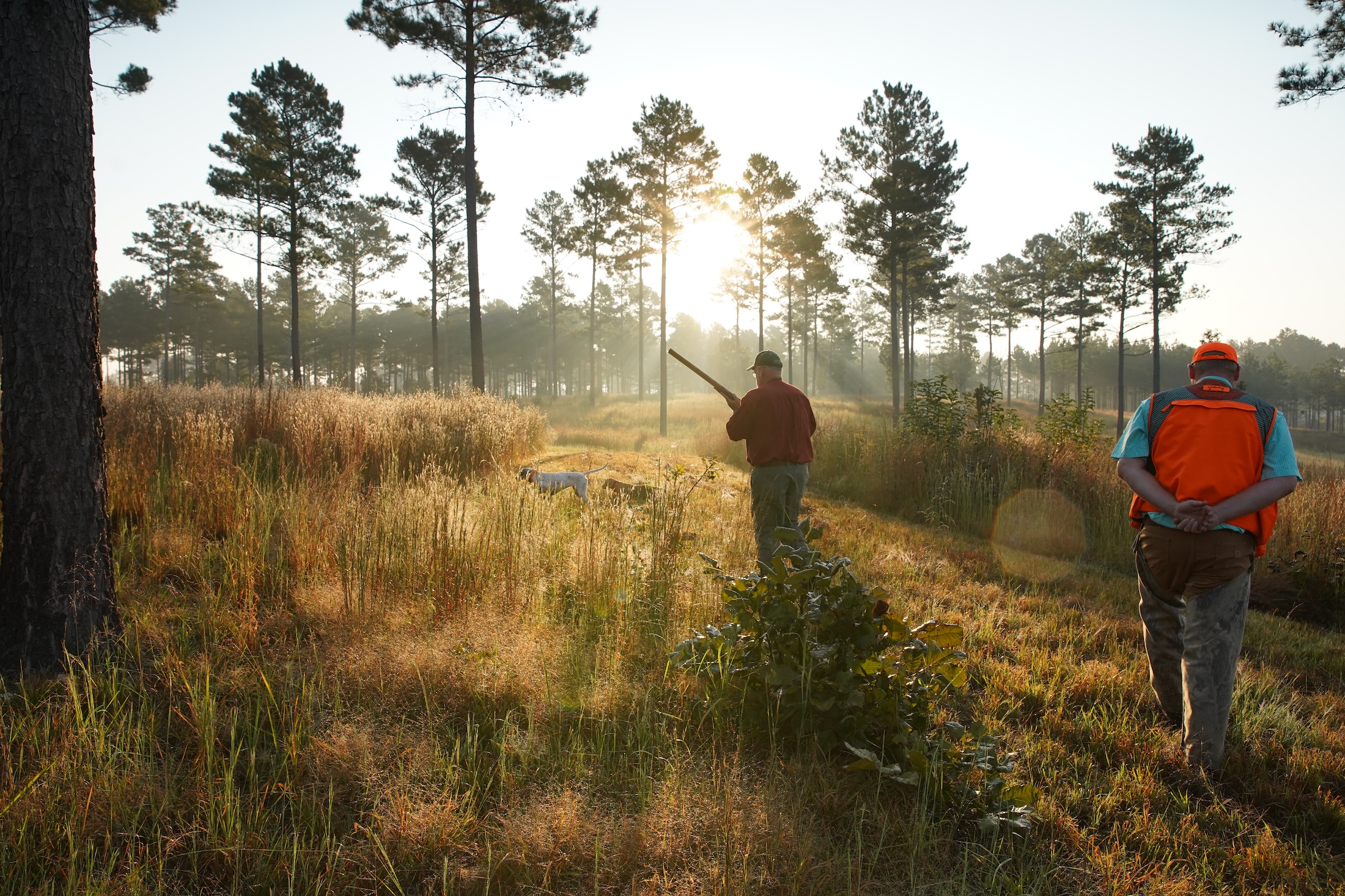 Two men in hunting gear walk through a field at Beretta Shooting Grounds at Barnsley Resort.