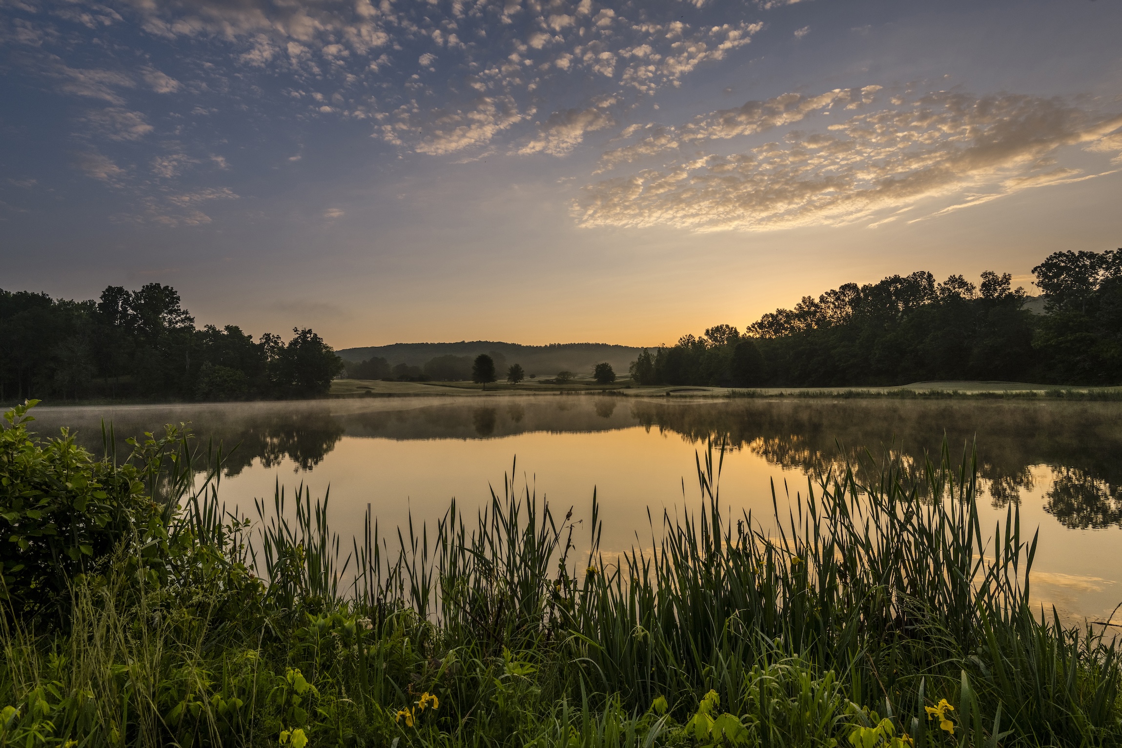 Looking over a calm lake at sunset at Barnsley Resort.