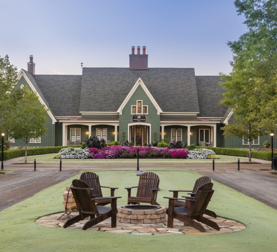 A fire pit outside of the Woodlands Grill at Barnsley Resort.