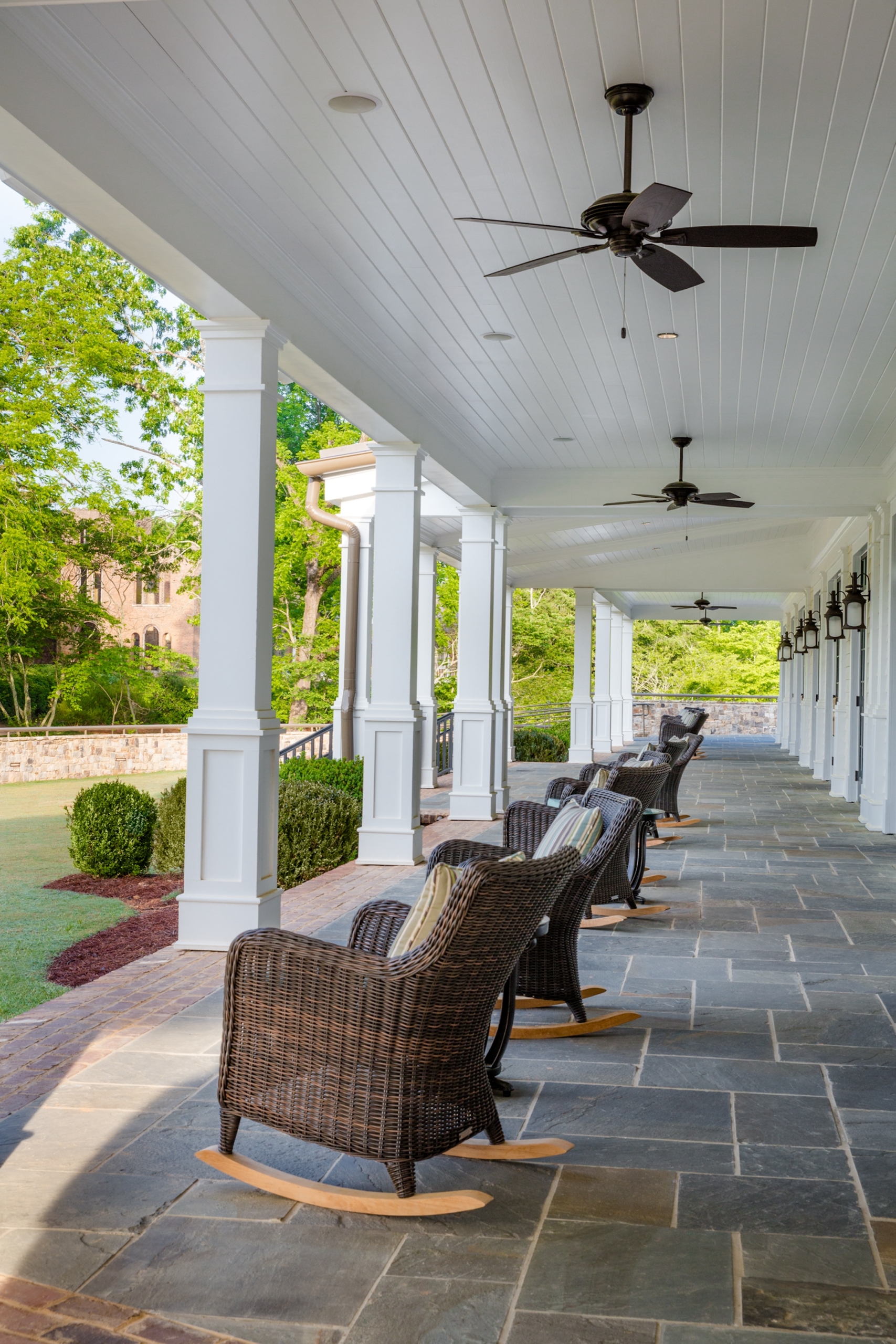 Rocking wicker chairs on the Georgian Hall Veranda.