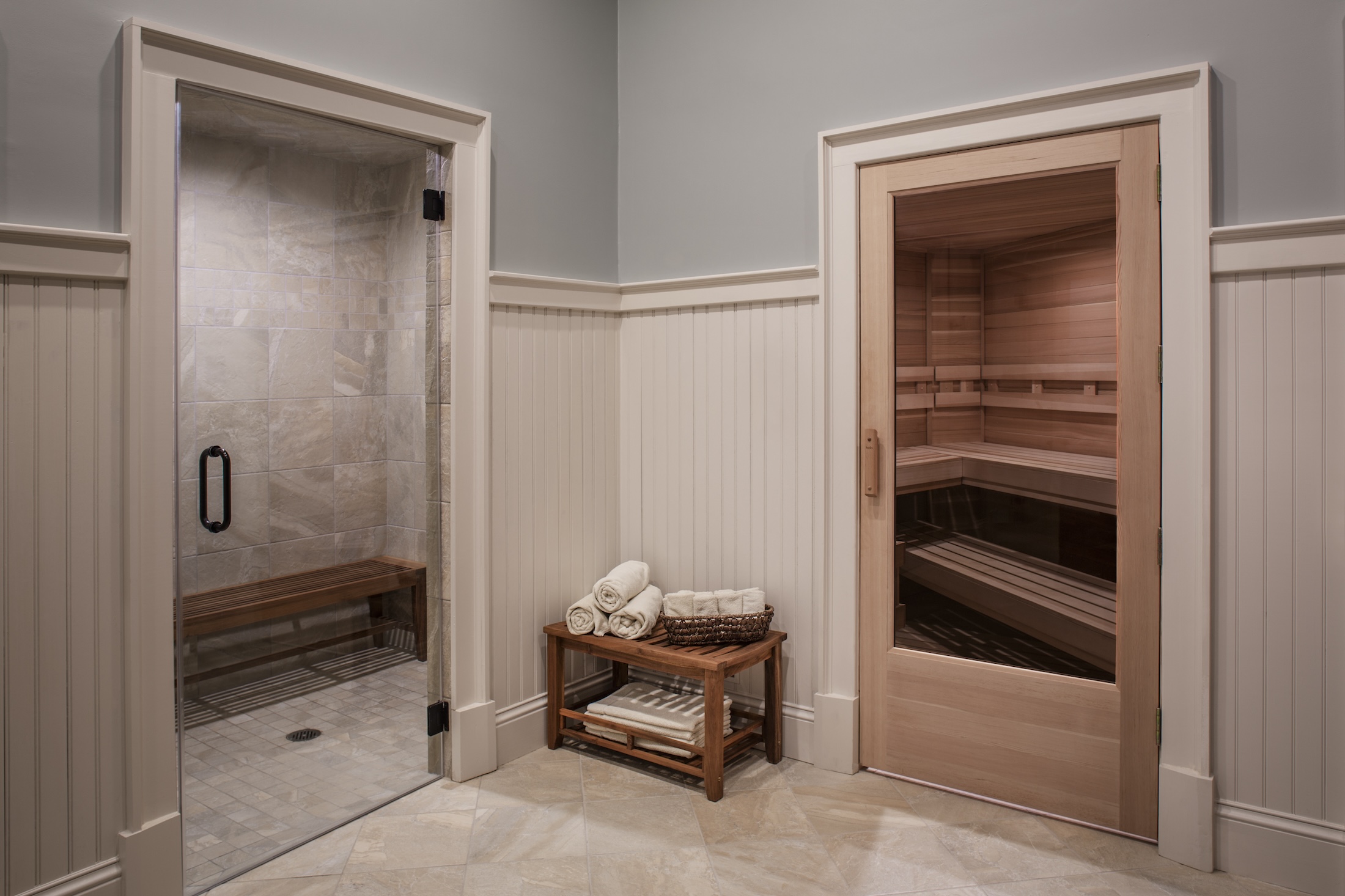 The sauna and steam rooms at Barnsley Resort's spa.