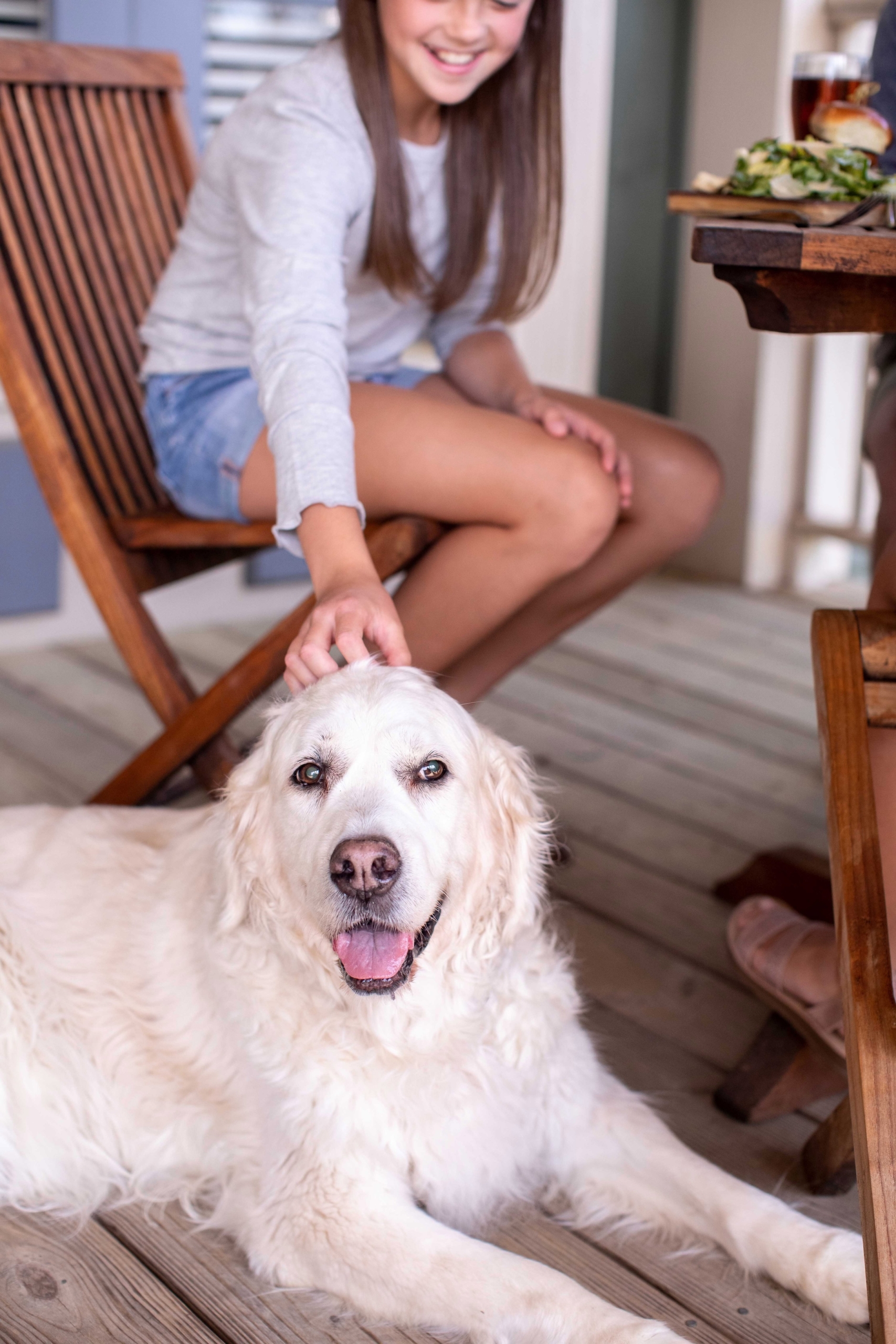 A little girl petting a golden retriever dog.