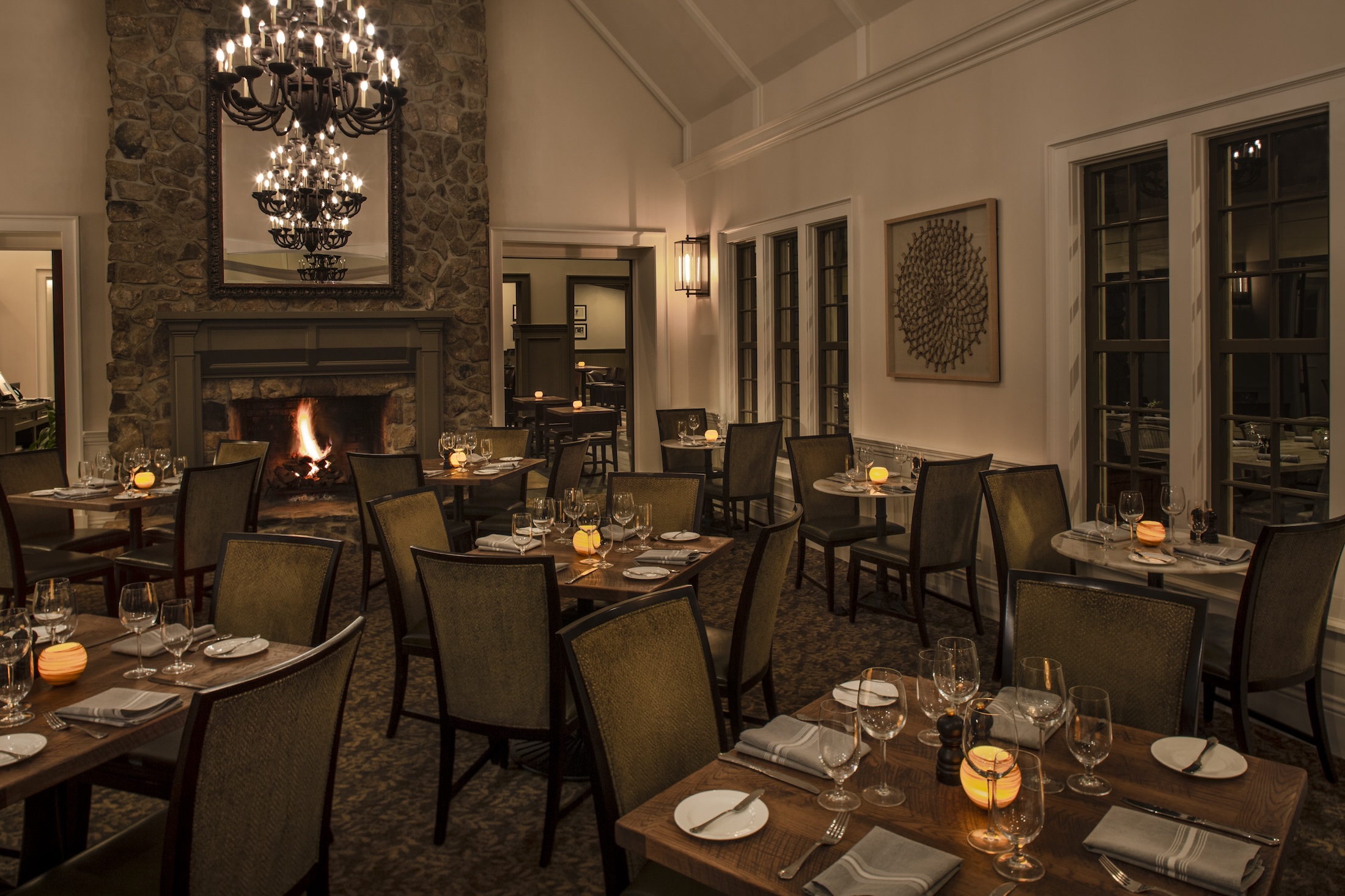 The main dining room at Woodlands Grill in the evening.