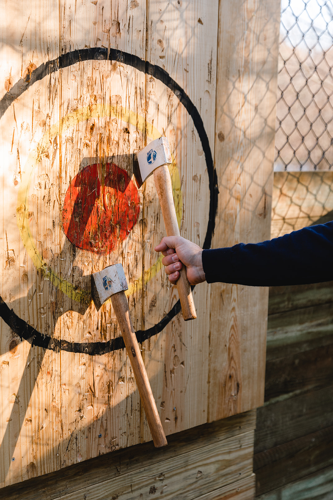 A person removes one of two axes from a painted target on a wooden board.