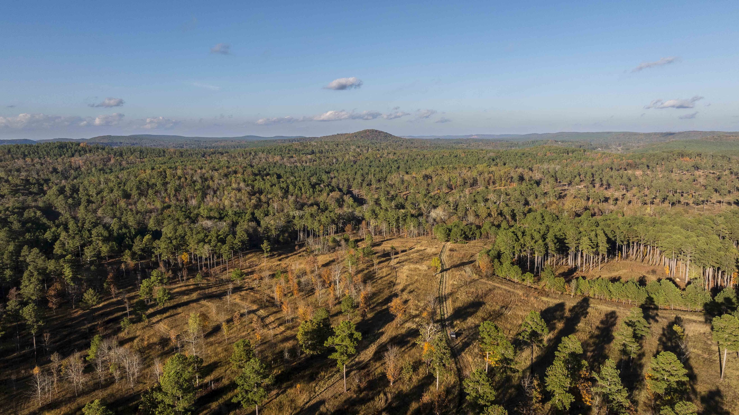 An aerial view of Beretta Shooting Grounds on a sunny autumn day.