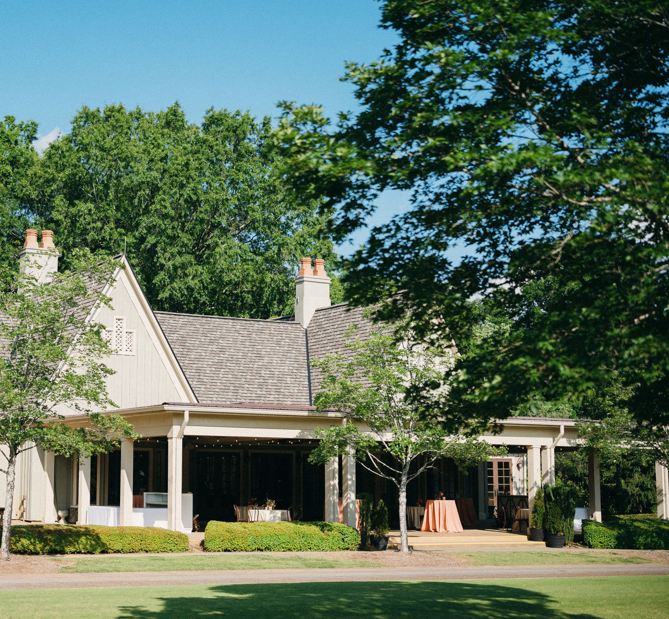 The exterior of Saylor Hall from the village on a sunny day.